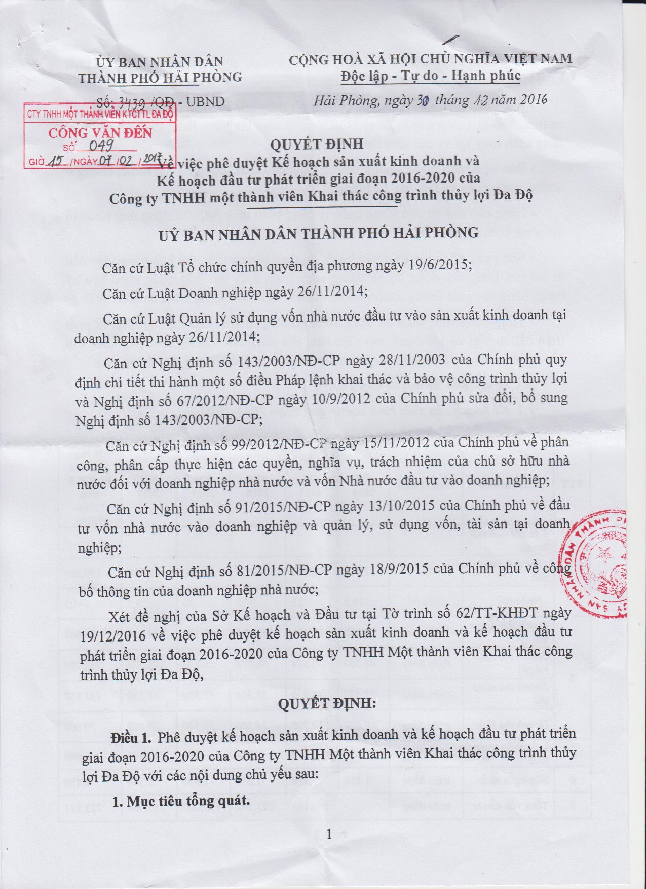 Quyết định về việc phê duyệt Kế hoạch sản xuất kinh doanh và kế hoạch đầu tư phát triển giai đoạn 2016-2020